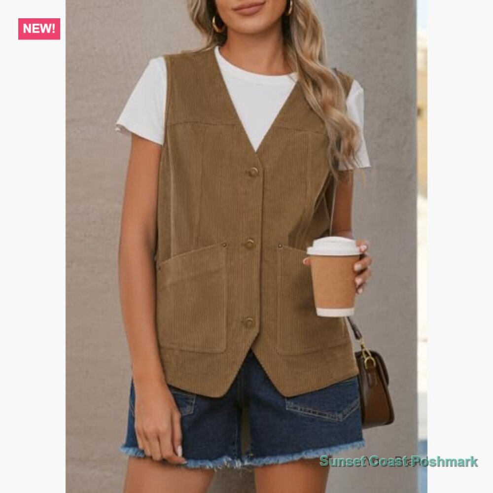 Corduroy Vest Button Down Waistcoat Sleeveless Jacket Casual Outerwear - Picture 4 of 7